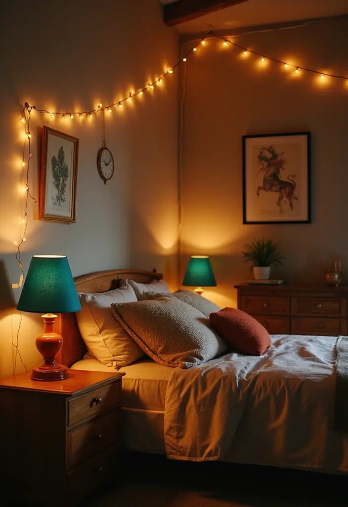 25 Grey and Teal Bedroom Ideas That Feel Balanced and Modern - 23. Warm Lighting