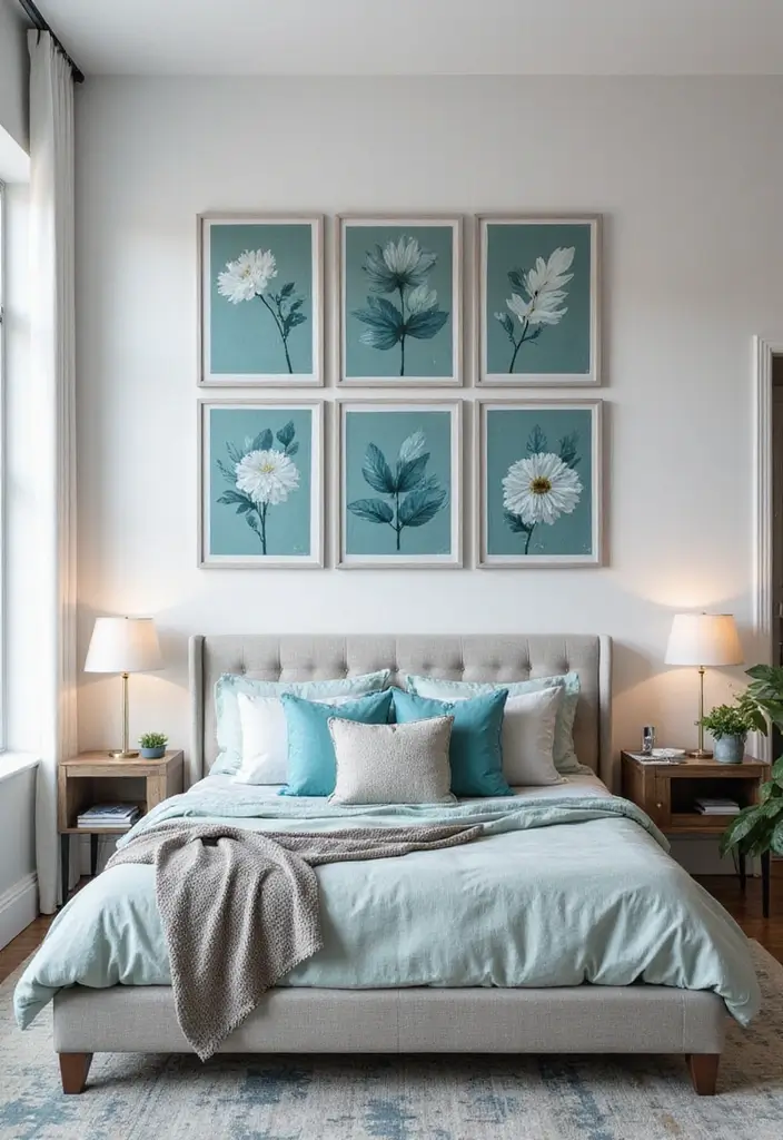 25 Grey and Teal Bedroom Ideas That Feel Balanced and Modern - 5. Artistic Teal Wall Art