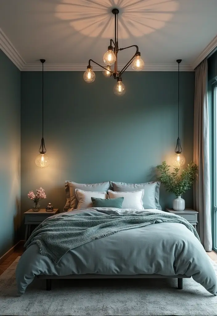 25 Grey and Teal Bedroom Ideas That Feel Balanced and Modern - 8. Bright Lighting Fixtures