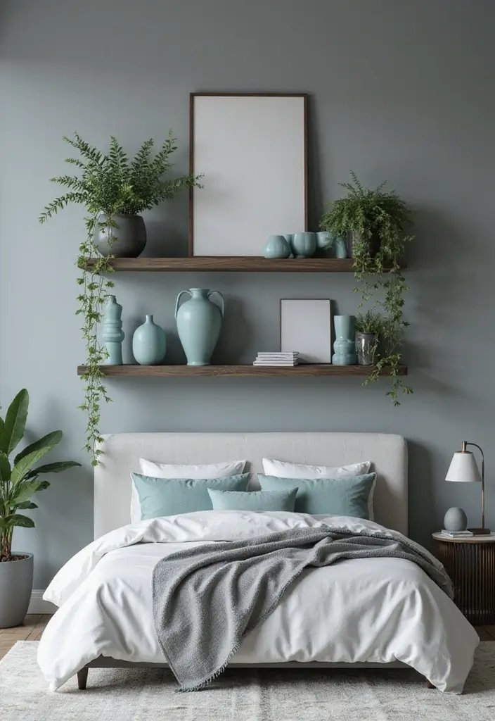 25 Grey and Teal Bedroom Ideas That Feel Balanced and Modern - 9. Open Shelving with Teal Decor
