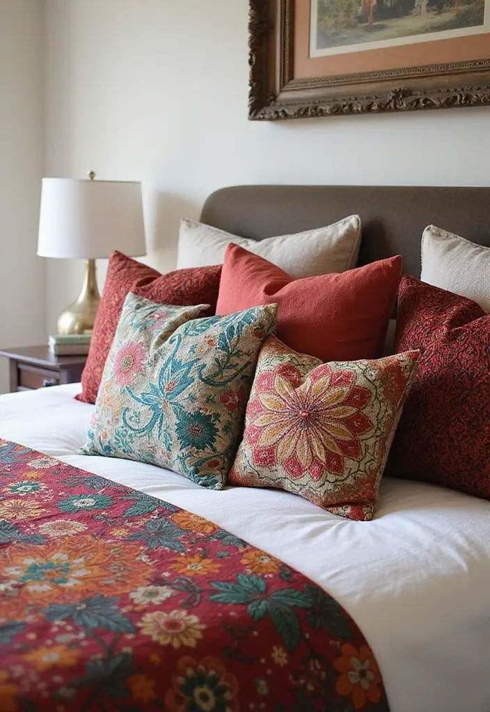 25 Indian Bedroom Decor Ideas That Blend Tradition & Style - 20. Exotic Throw Pillows