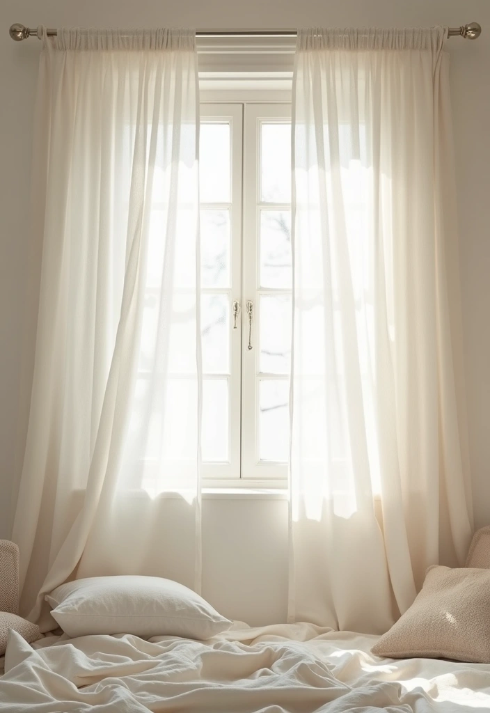 25 Off White Bedroom Ideas That Feel Light, Elegant & Airy - 16. Soft Window Treatments