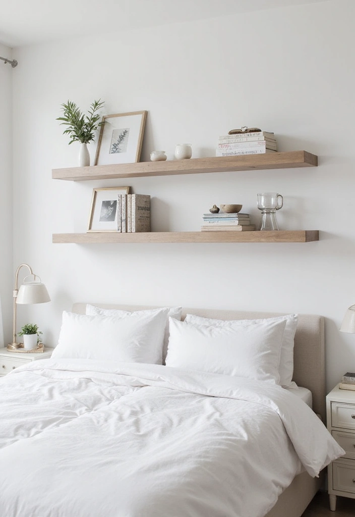 25 Off White Bedroom Ideas That Feel Light, Elegant & Airy - 18. Floating Shelves