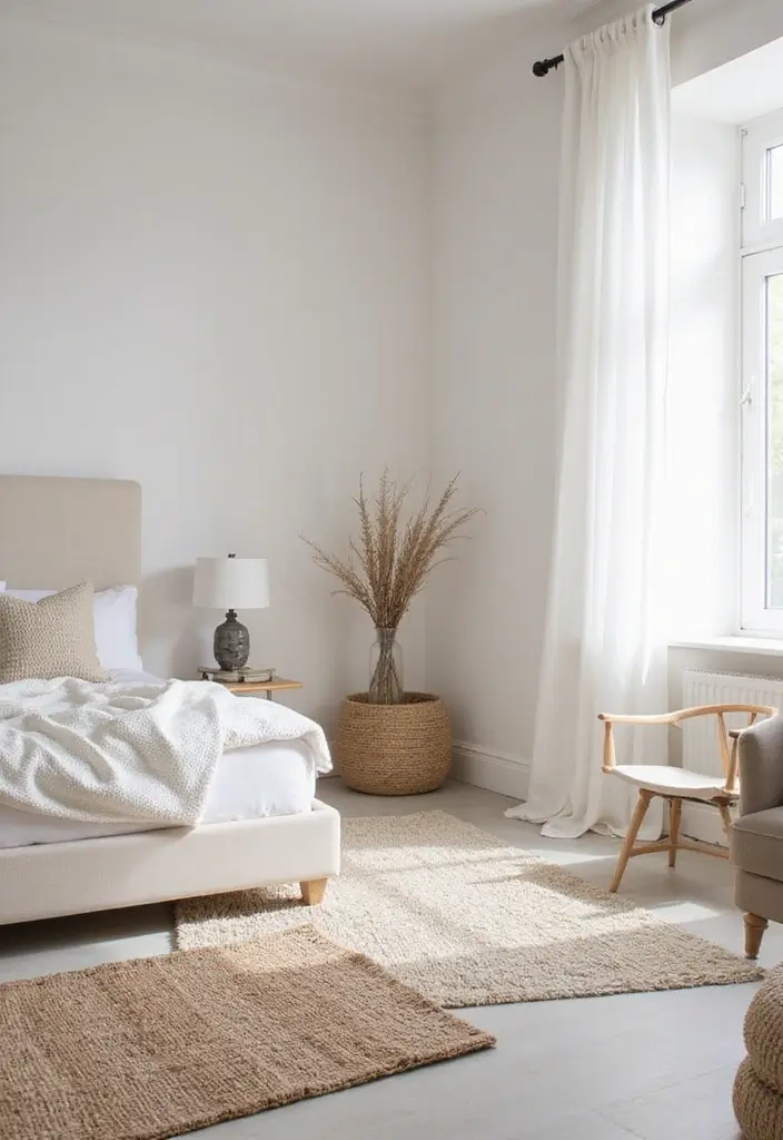 25 Off White Bedroom Ideas That Feel Light, Elegant & Airy - 8. Layering Rugs