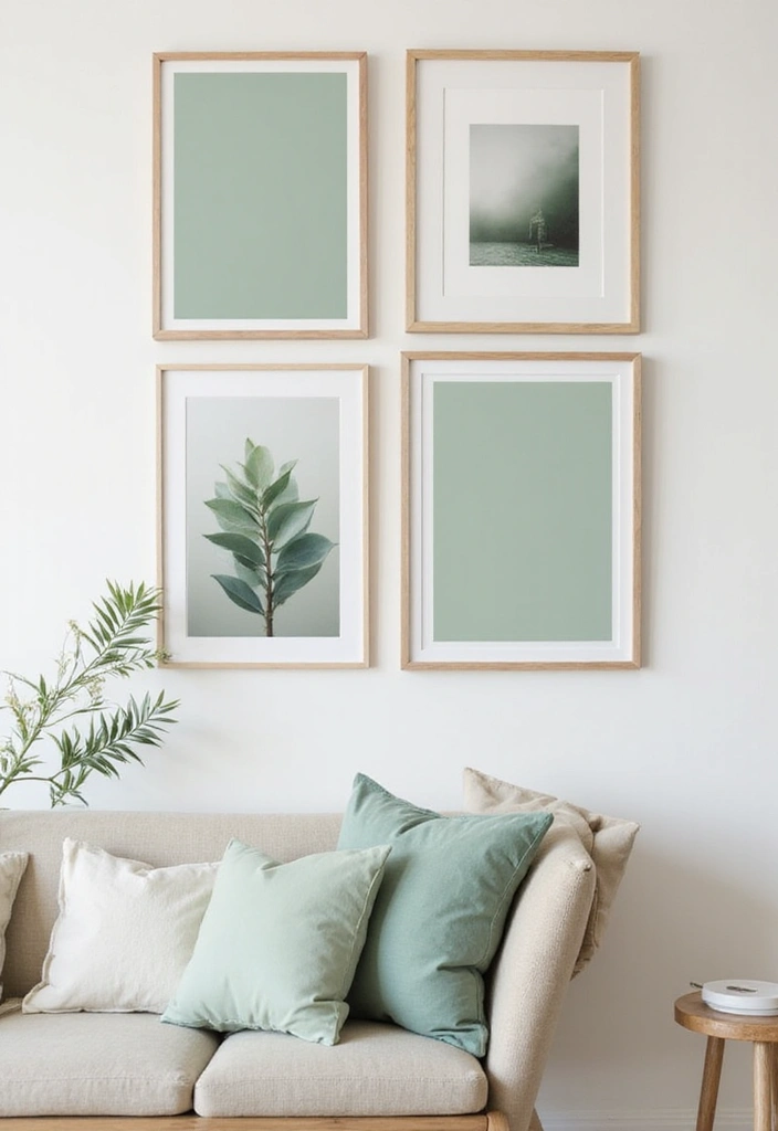 25 Sage Green Bedroom Ideas That Are Peaceful and Elegant - 10. Minimalist Gallery Wall