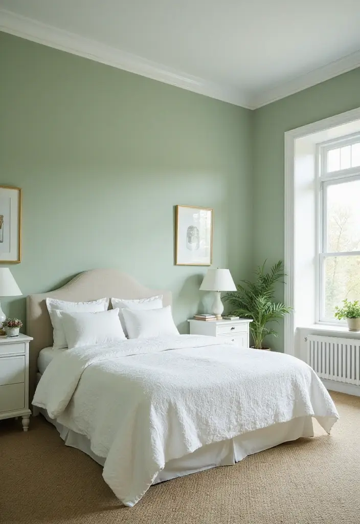 25 Sage Green Bedroom Ideas That Are Peaceful and Elegant - 11. Sage Green with White Trim