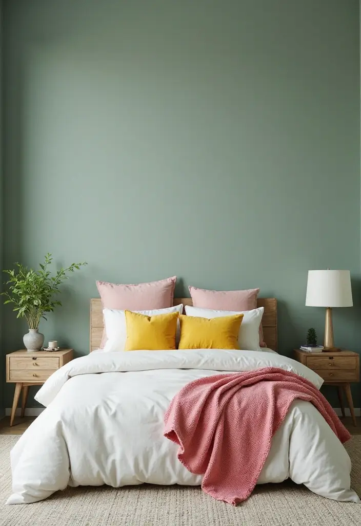 25 Sage Green Bedroom Ideas That Are Peaceful and Elegant - 12. Accent Pieces for a Pop of Color