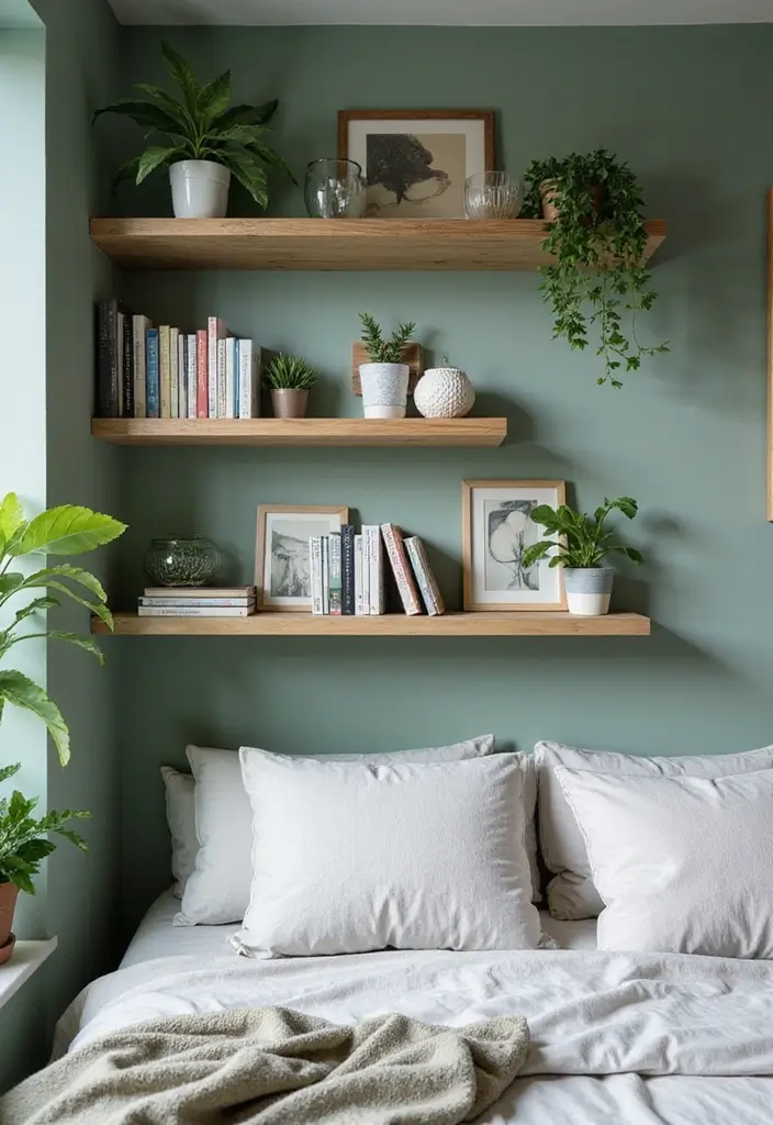 25 Sage Green Bedroom Ideas That Are Peaceful and Elegant - 14. Open Shelving for a Personalized Touch