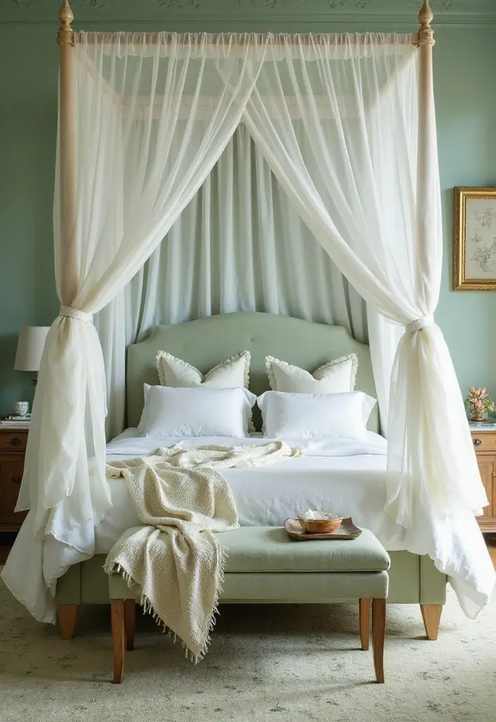 25 Sage Green Bedroom Ideas That Are Peaceful and Elegant - 16. Romantic Canopy Bed