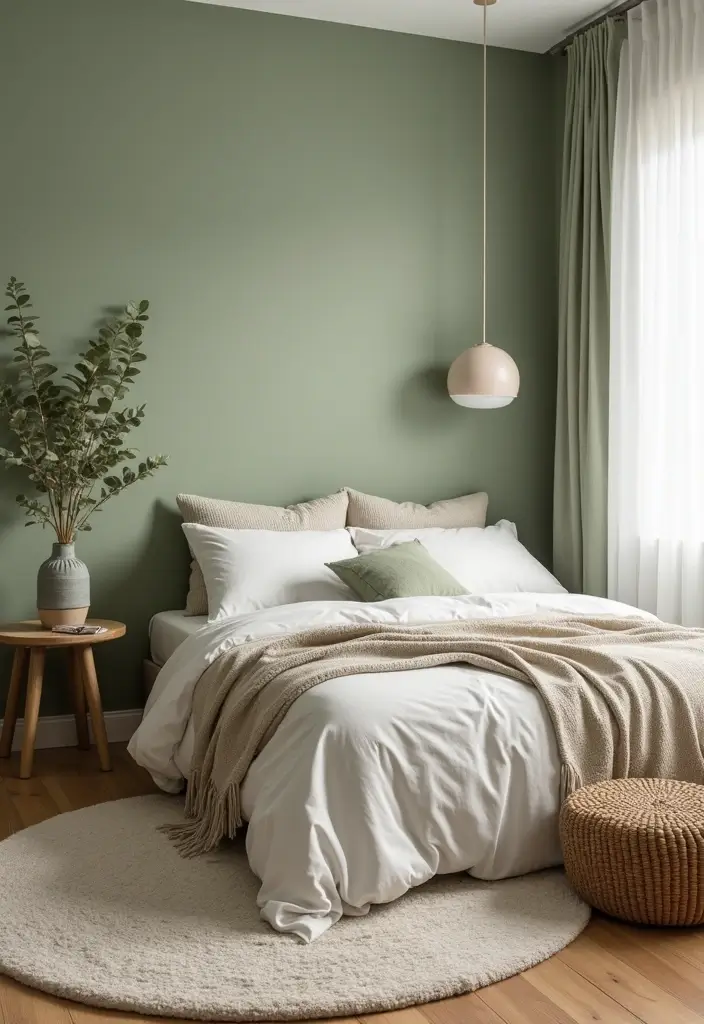 25 Sage Green Bedroom Ideas That Are Peaceful and Elegant - 20. Soft Wool Rugs for Cozy Vibes