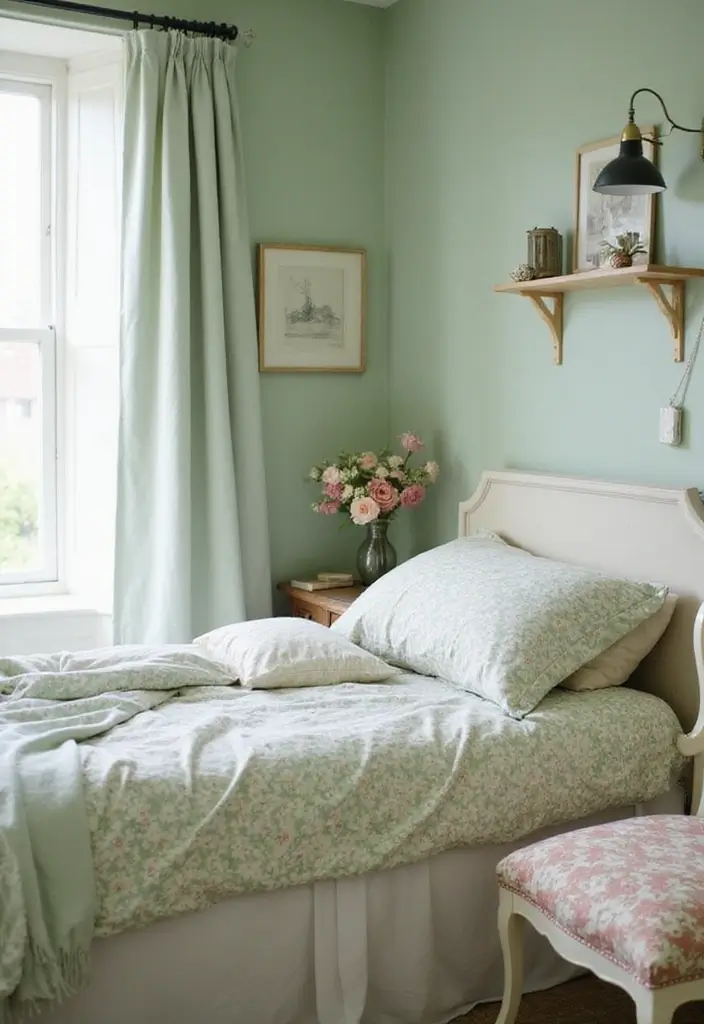 25 Sage Green Bedroom Ideas That Are Peaceful and Elegant - 7. A Touch of Floral Elegance