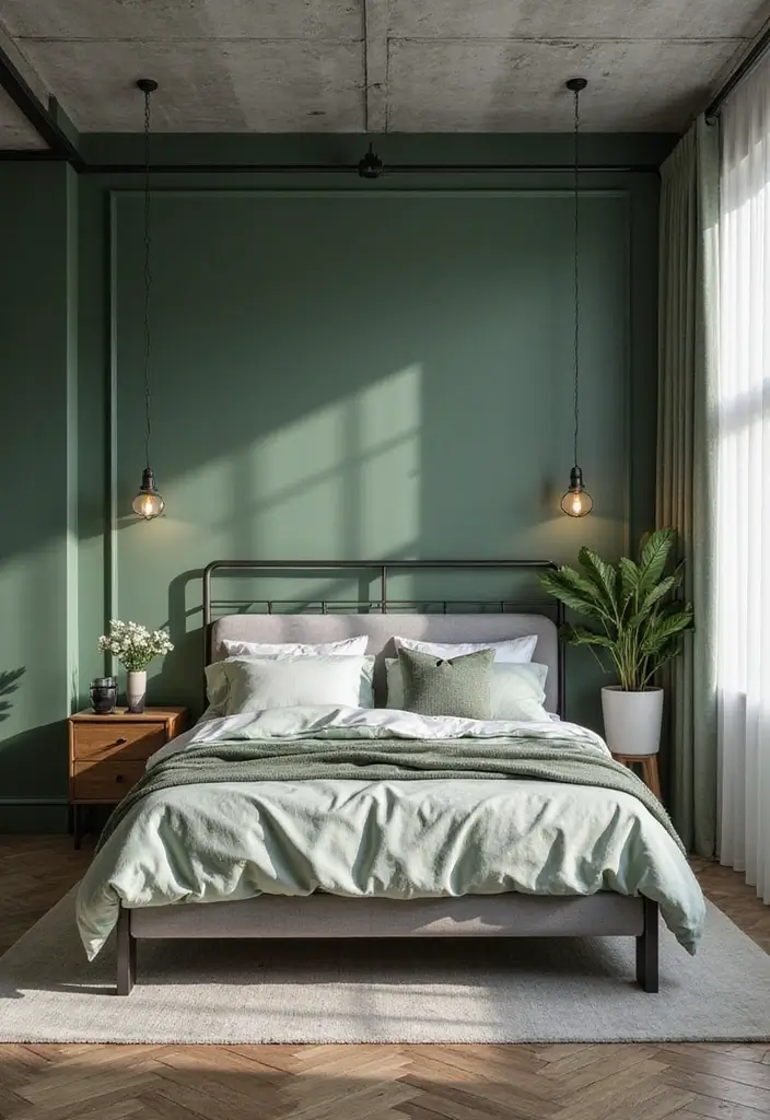 25 Sage Green Bedroom Ideas That Are Peaceful and Elegant - 8. Industrial Edge with Sage Green