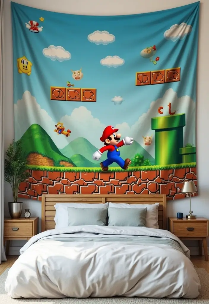 25 Super Mario Bedroom Ideas That Bring Nostalgia & Fun - 23. Mario-Themed Wall Tapestry