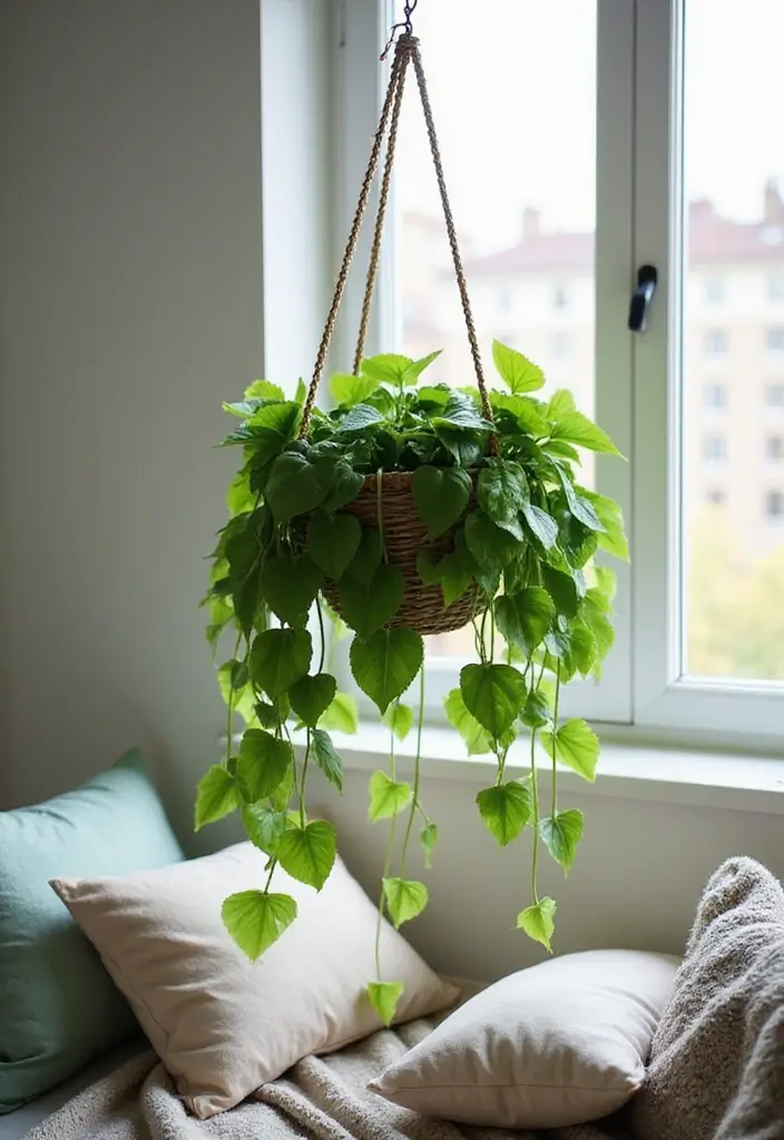 25 Vines in Bedroom Ideas That Bring Nature Indoors - 1. Trailing Pothos in Hanging Baskets