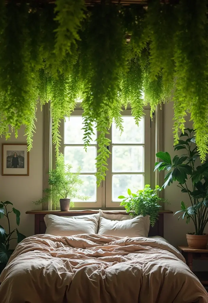25 Vines in Bedroom Ideas That Bring Nature Indoors - 14. Ferns Hanging from the Ceiling