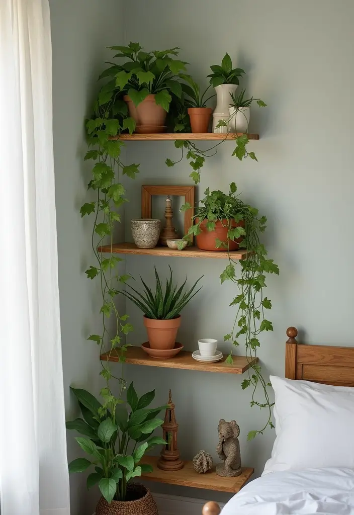 25 Vines in Bedroom Ideas That Bring Nature Indoors - 20. Vines in Corner Shelf Displays