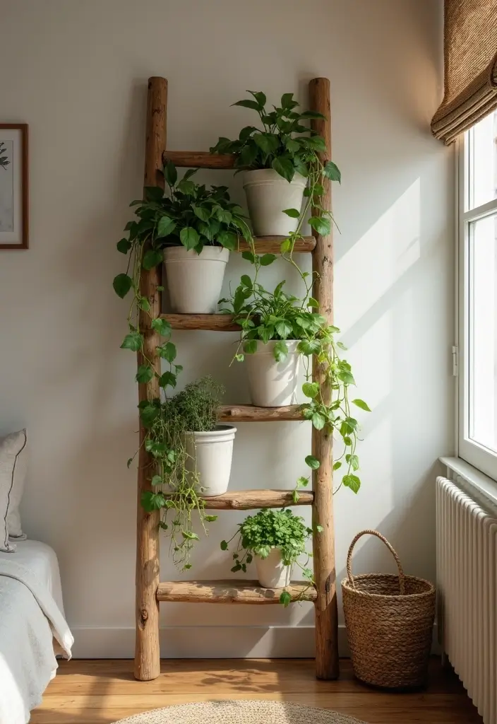 25 Vines in Bedroom Ideas That Bring Nature Indoors - 23. Rustic Wood Ladder Displaying Vines