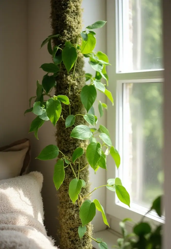 25 Vines in Bedroom Ideas That Bring Nature Indoors - 4. Climbing Philodendron on a Moss Pole