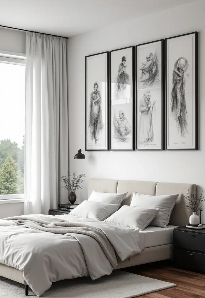 25 Wall Sketches Ideas Bedroom That Add Artistic Touch - 11. Monochrome Sketches