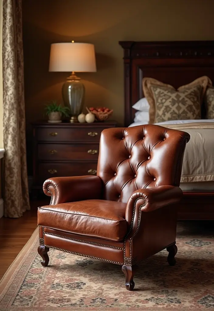 30 Bedroom Chair Ideas for a Luxe & Relaxing Master Suite - 22. Traditional Leather Chairs