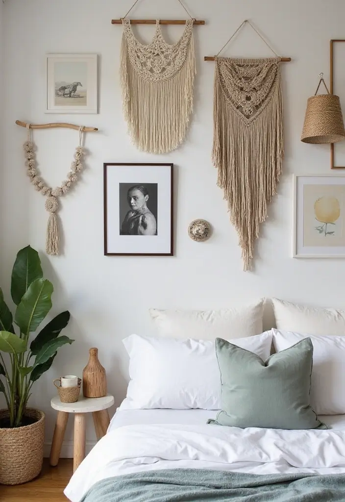30 Cozy Bedroom Ideas Aesthetic That Feel Warm and Inviting - 3. Boho-Chic Wall Hangings