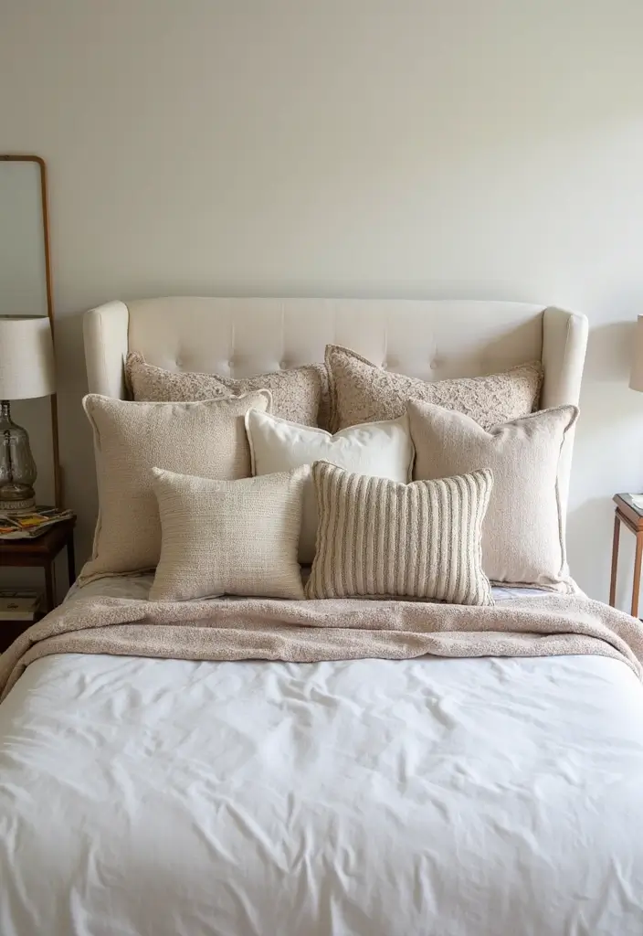 30 Cream Headboard Bedroom Ideas That Feel Elegant & Soft - 25. Throw Pillows Galore