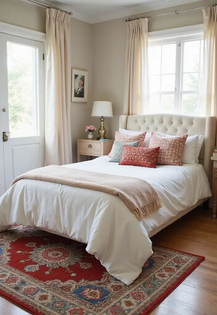 30 Cream Headboard Bedroom Ideas That Feel Elegant & Soft - 28. Playful Area Rugs