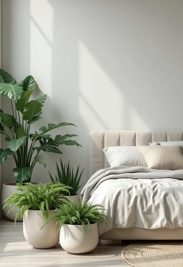 30 Cream Headboard Bedroom Ideas That Feel Elegant & Soft - 29. Contemporary Plant Accents