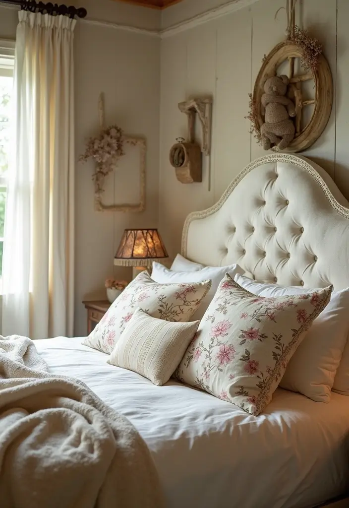 30 Cream Headboard Bedroom Ideas That Feel Elegant & Soft - 3. Cozy Cottage Vibes