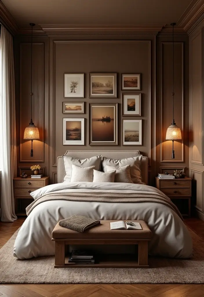 30 Dark Oak Bedroom Ideas That Bring Natural Warmth - 11. Artistic Wall Decor