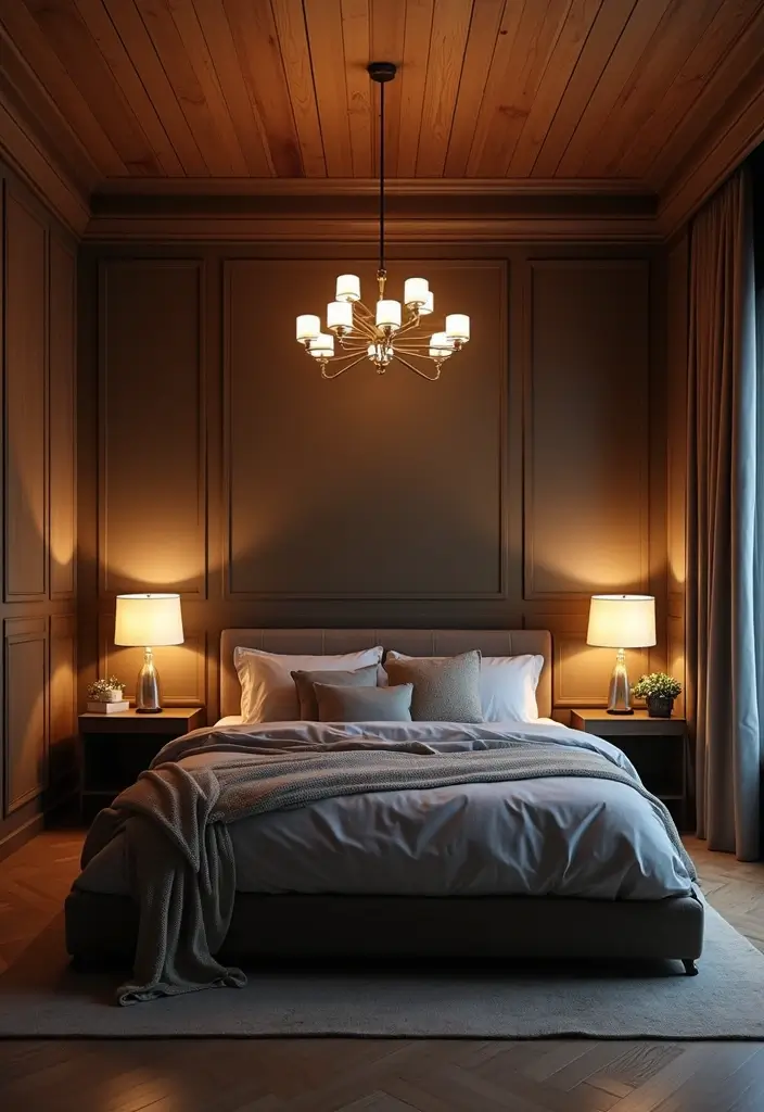 30 Dark Oak Bedroom Ideas That Bring Natural Warmth - 16. Statement Lighting Fixtures
