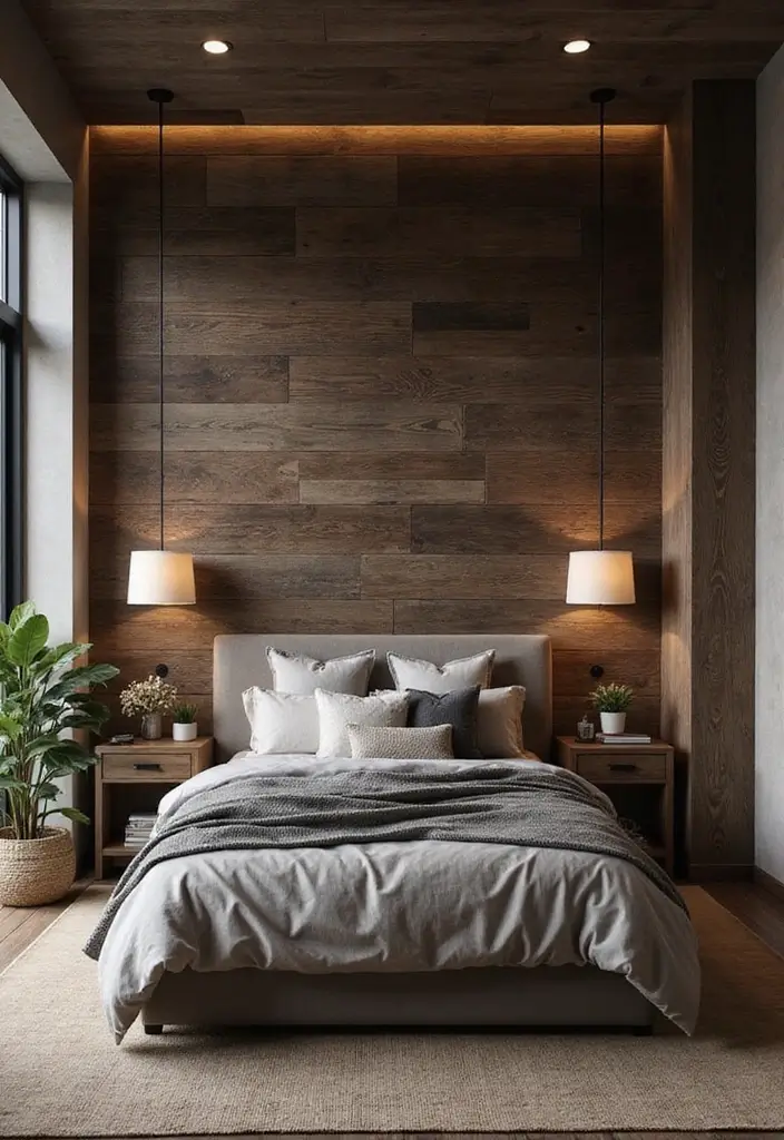 30 Dark Oak Bedroom Ideas That Bring Natural Warmth - 20. Textured Wall Treatments