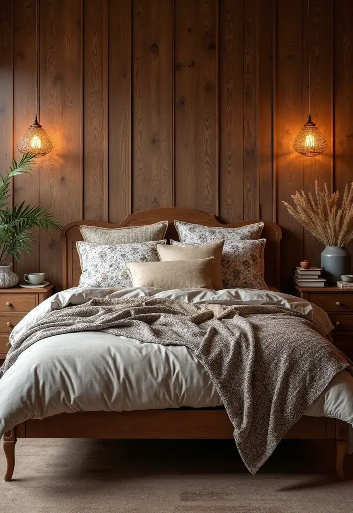 30 Dark Oak Bedroom Ideas That Bring Natural Warmth - 21. Customized Bedding
