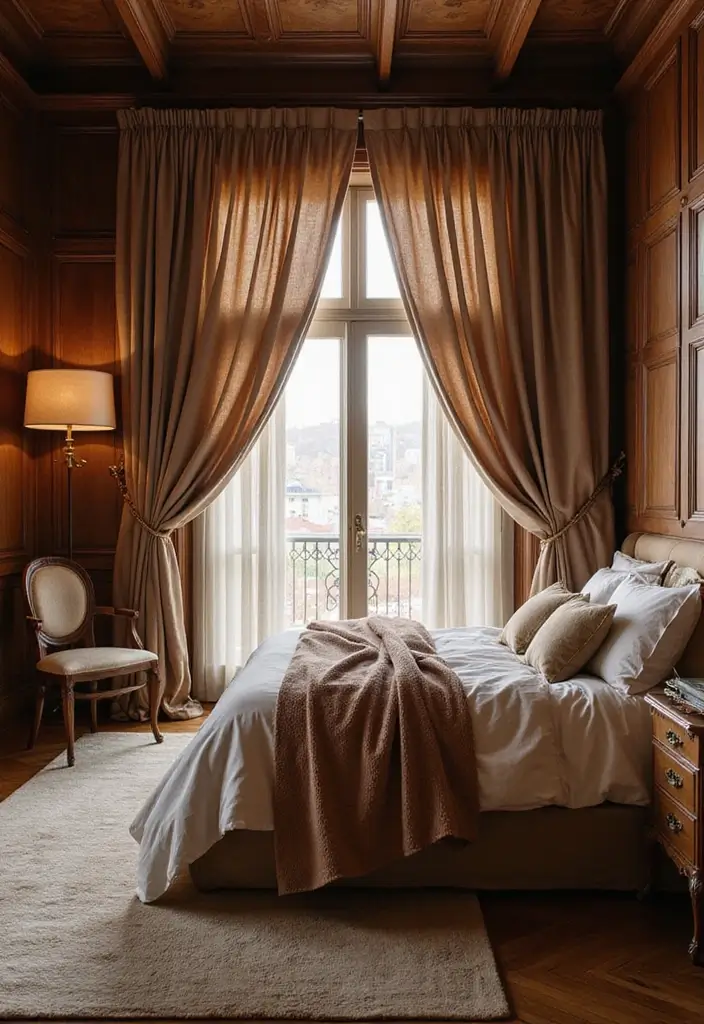 30 Dark Oak Bedroom Ideas That Bring Natural Warmth - 22. Creative Curtain Choices