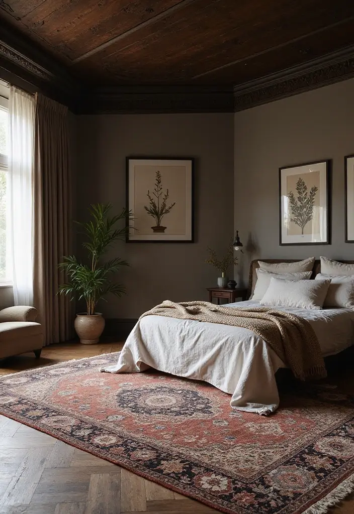 30 Dark Oak Bedroom Ideas That Bring Natural Warmth - 23. Using Rugs to Define Spaces