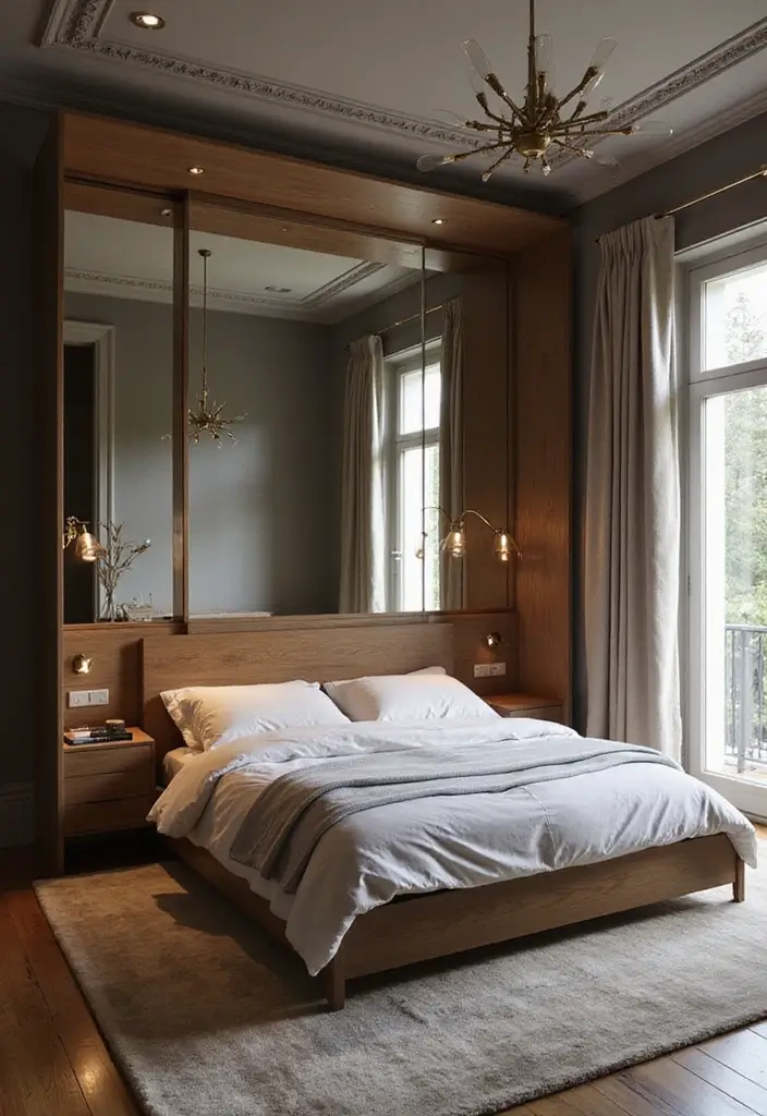 30 Dark Oak Bedroom Ideas That Bring Natural Warmth - 25. Incorporating Mirrored Elements