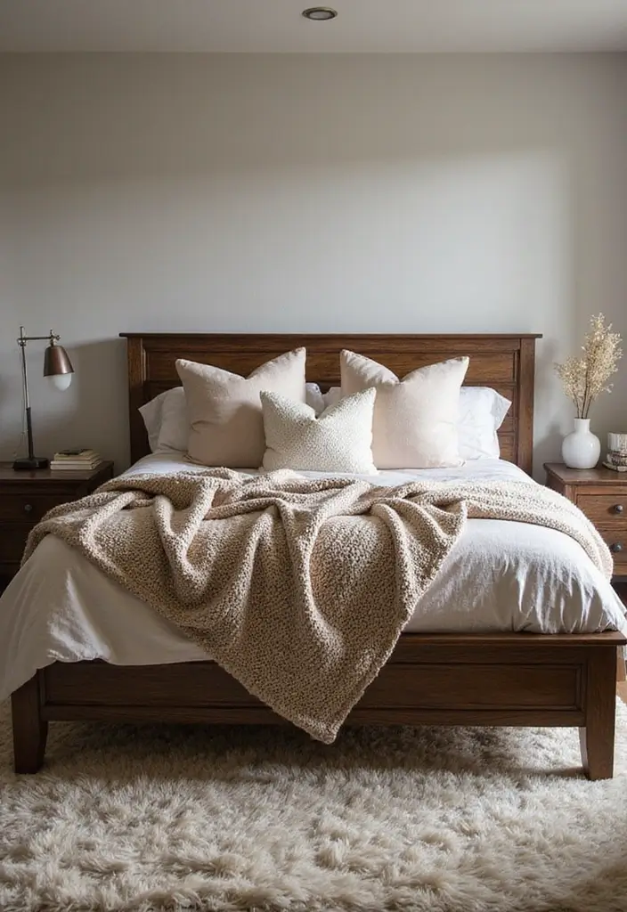 30 Dark Oak Bedroom Ideas That Bring Natural Warmth - 4. Cozy Textiles and Layers