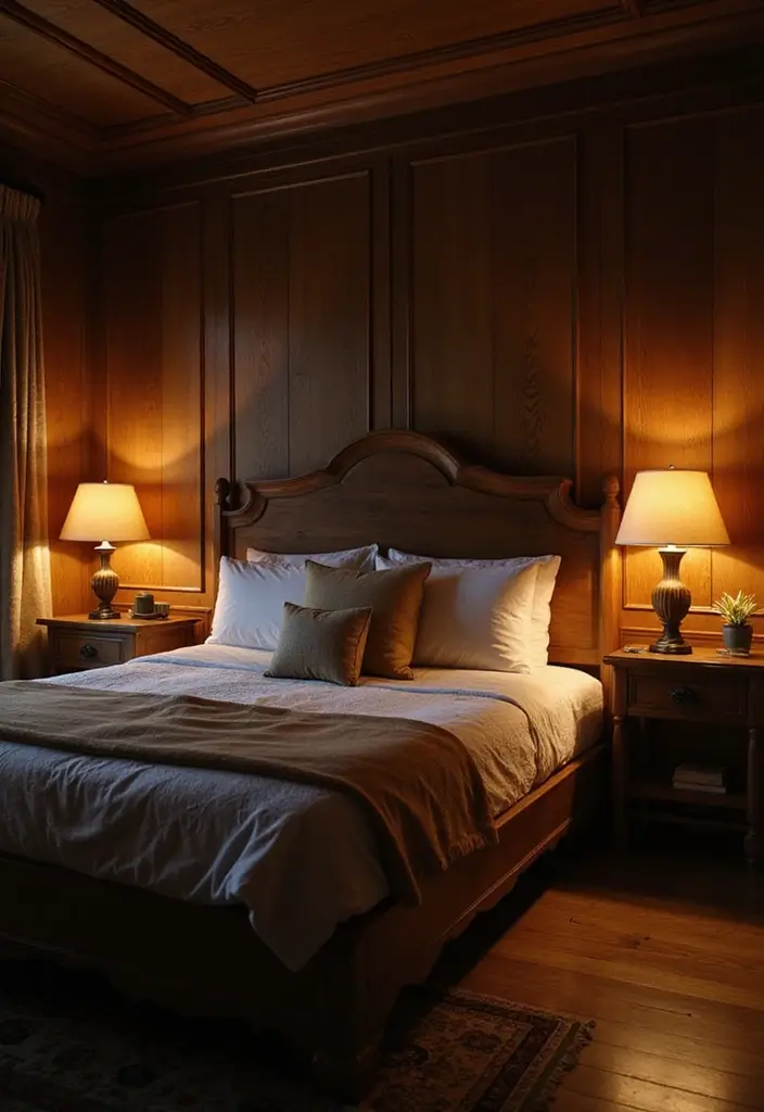 30 Dark Oak Bedroom Ideas That Bring Natural Warmth - 8. Soft Lighting