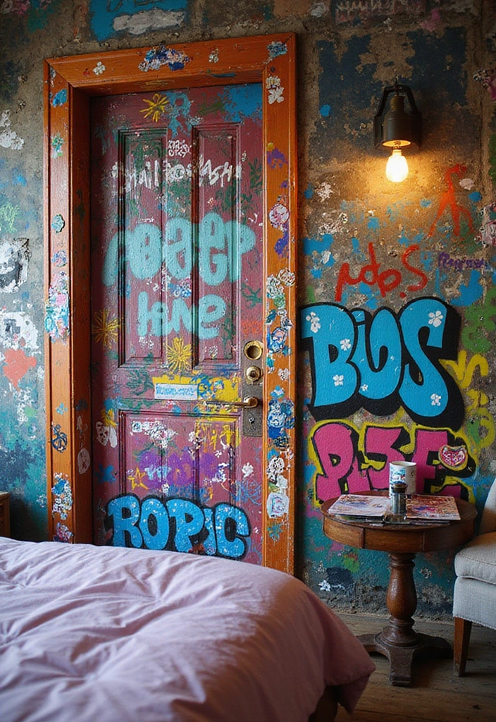 30 Door Ideas for Bedroom That Feel Unique & Creative - 24. Artistic Graffiti Doors