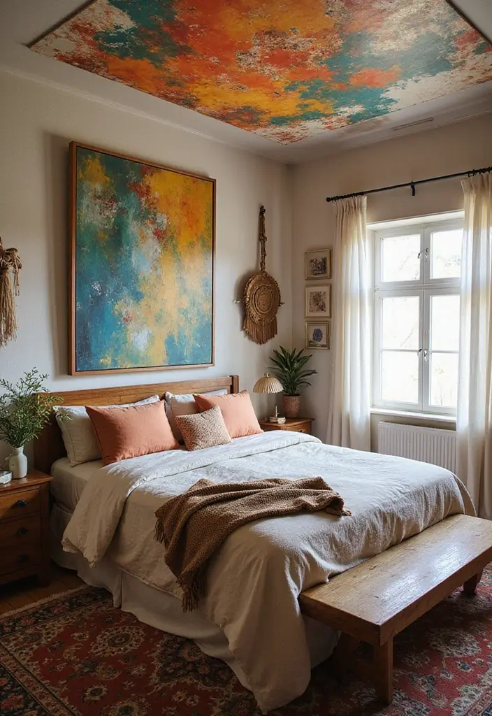 30 Fabric Ceiling Ideas Bedroom That Add Texture & Drama - 13. Canvas Artwork Ceiling