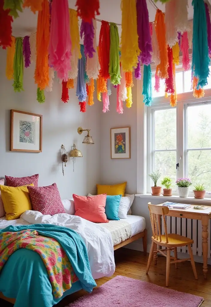 30 Fabric Ceiling Ideas Bedroom That Add Texture & Drama - 18. Fabric Streamers for a Fun Vibe