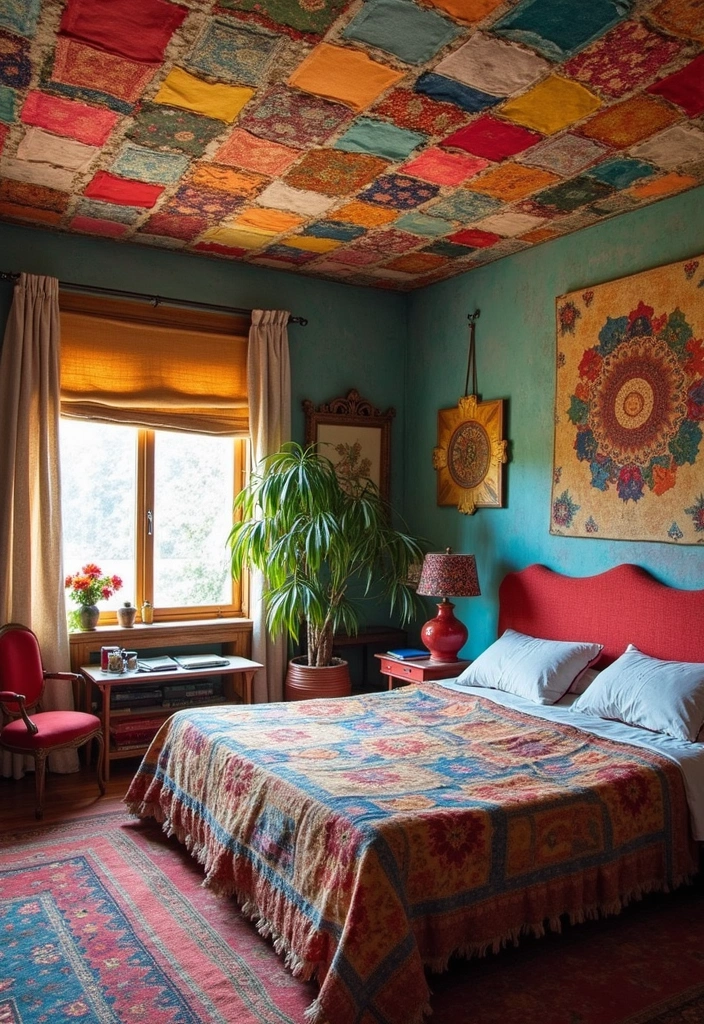 30 Fabric Ceiling Ideas Bedroom That Add Texture & Drama - 20. Colorful Patchwork Ceiling