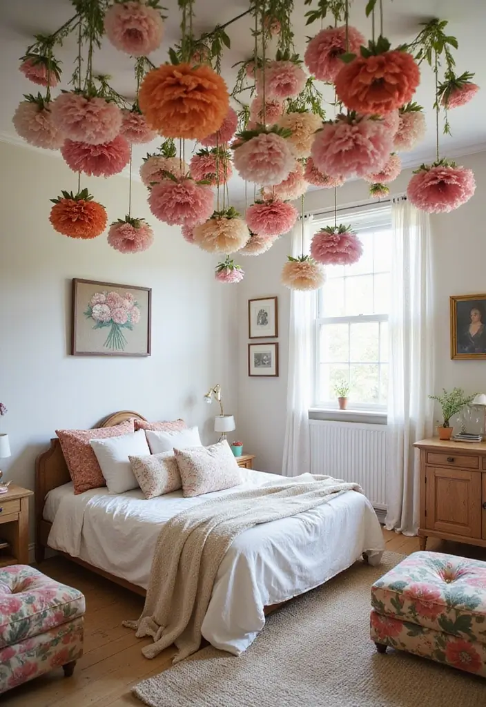 30 Fabric Ceiling Ideas Bedroom That Add Texture & Drama - 24. Hanging Fabric Bouquets