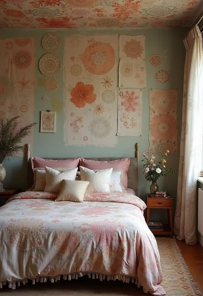 30 Fabric Ceiling Ideas Bedroom That Add Texture & Drama - 28. Layered Fabric Stencils