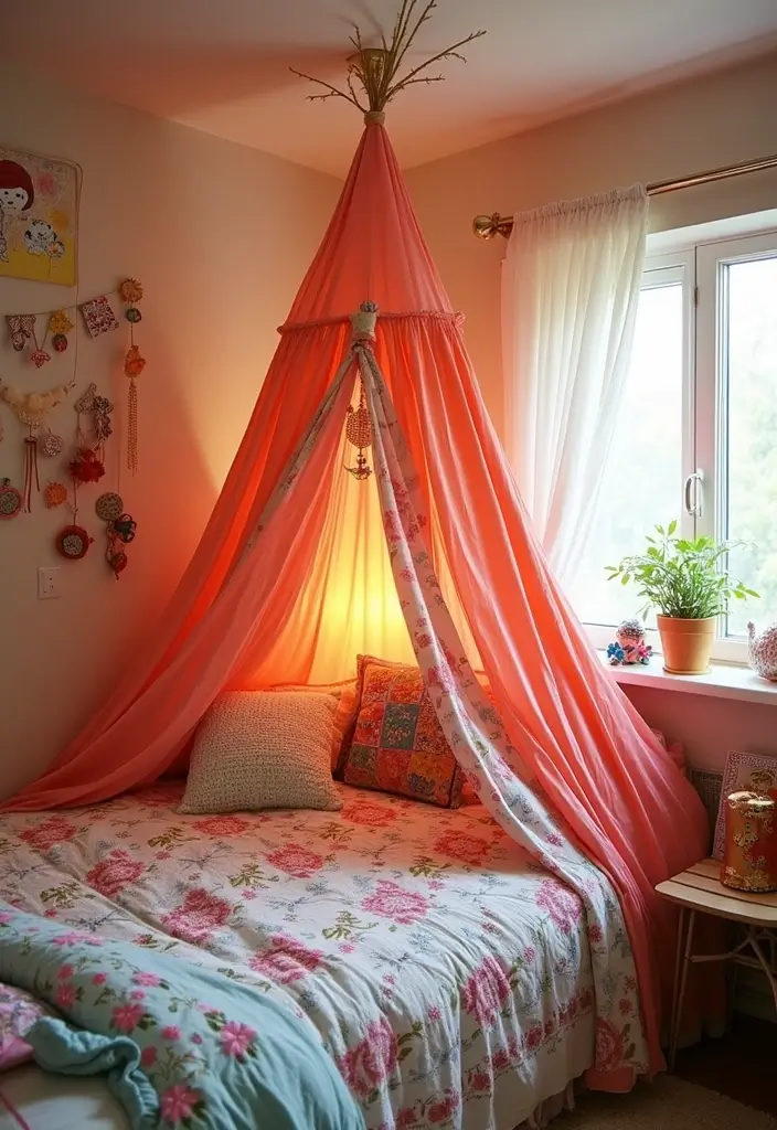 30 Fabric Ceiling Ideas Bedroom That Add Texture & Drama - 29. Cheery Fabric Tent