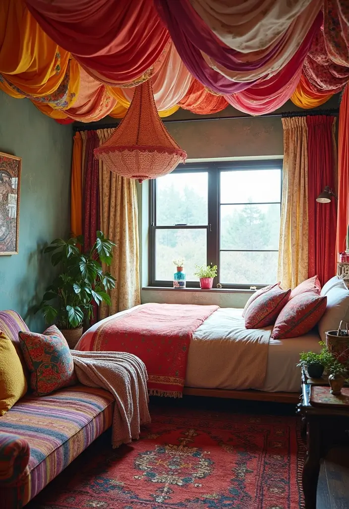 30 Fabric Ceiling Ideas Bedroom That Add Texture & Drama - 9. Vibrant Fabric Swags