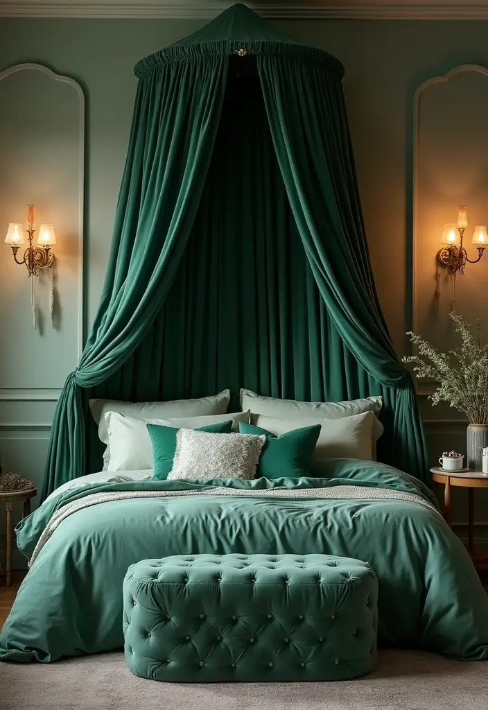 30 Green Velvet Bedroom Ideas That Feel Luxurious and Bold - 11. Velvet Bed Canopies