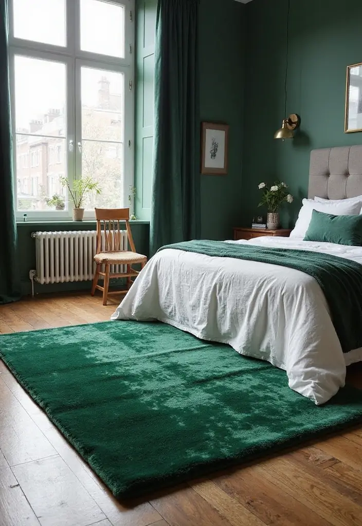 30 Green Velvet Bedroom Ideas That Feel Luxurious and Bold - 12. Green Velvet Rugs