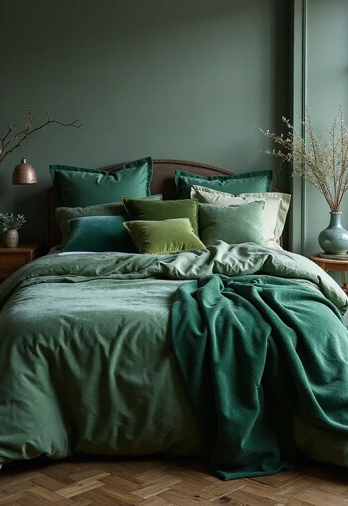 30 Green Velvet Bedroom Ideas That Feel Luxurious and Bold - 13. Green Velvet Bedding Accents