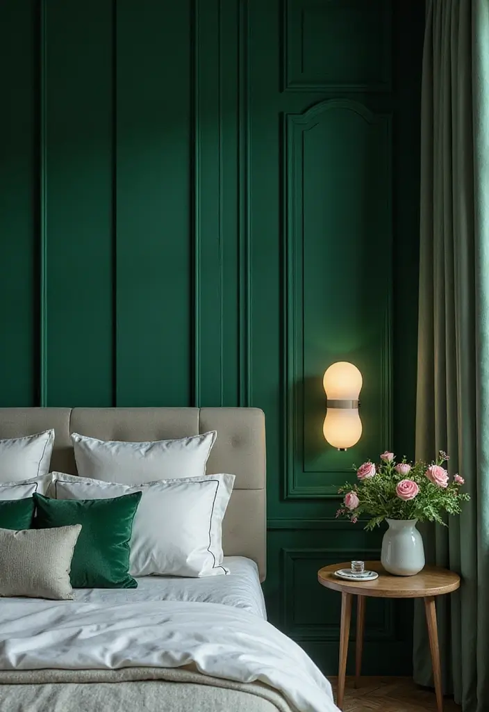 30 Green Velvet Bedroom Ideas That Feel Luxurious and Bold - 16. Green Velvet Wall Panels